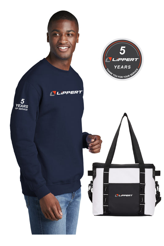 5 Year Gift - Crewneck Sweatshirt + 12 Can Urban Peak Cooler + Decal